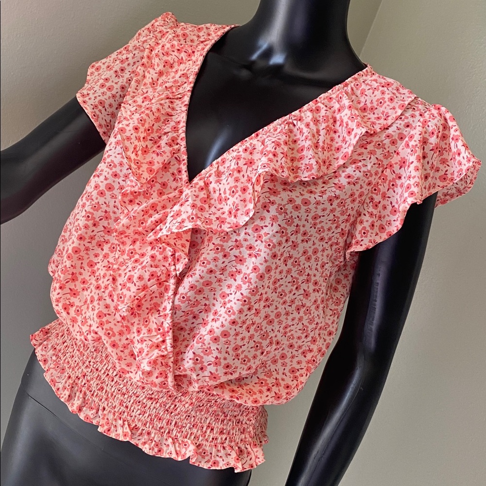 Lush Pink Peach Coral Floral Ruffle Blouse - Picture 4 of 12